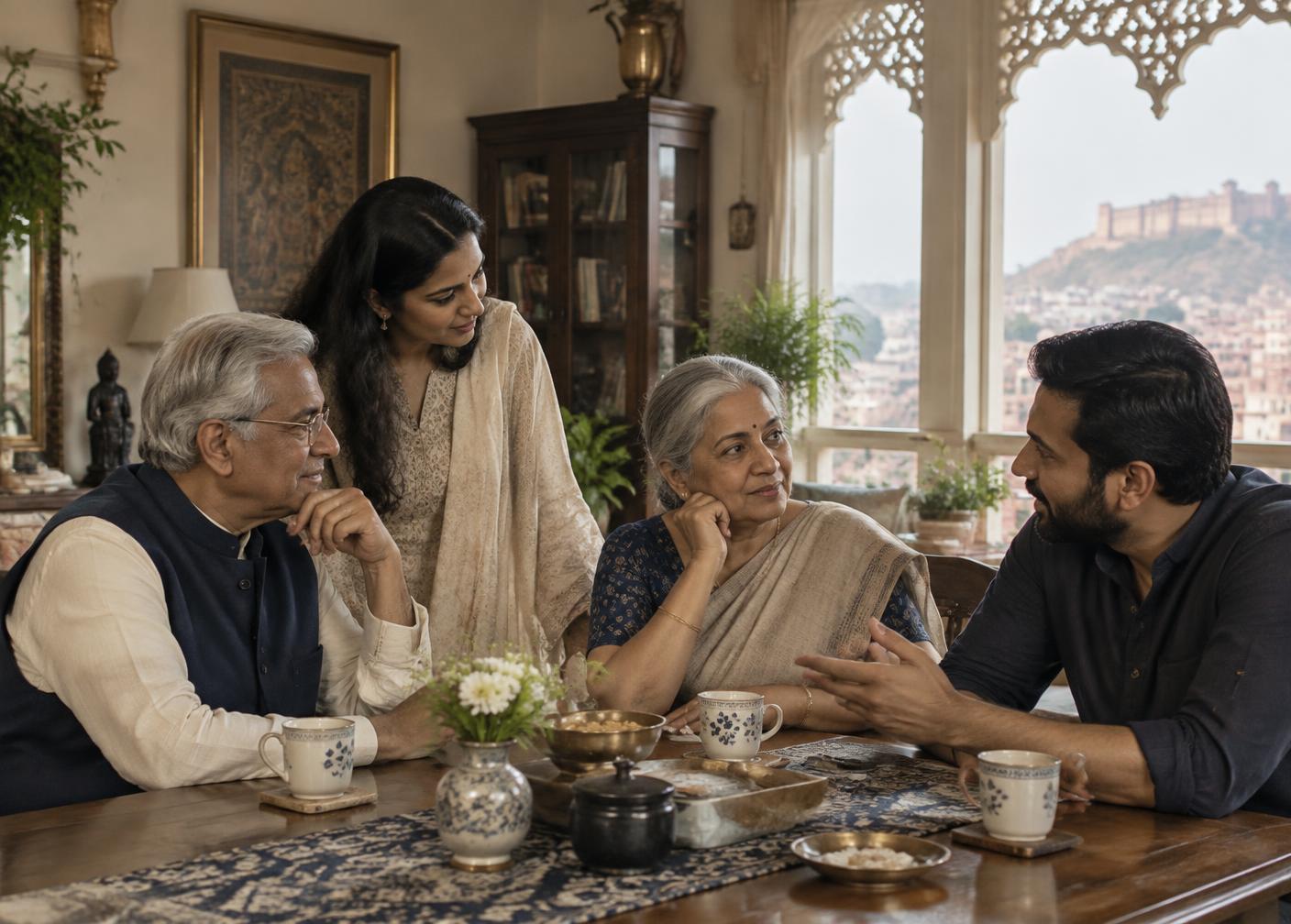 A multigenerational Indian family in conversation at home